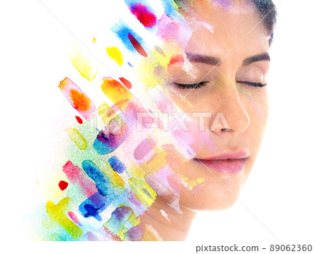 Paintography. Watercolor painting combined with a serene portrait of a woman Paintography. Watercolor painting combined with a serene portrait of a woman 89062360