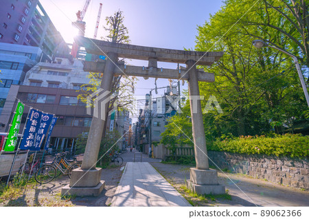 日本川崎市景俯瞰被新鮮綠樹環繞的川崎稻毛神社 89062366