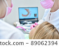 Female patient having dental scanning done by her dentist 89062394