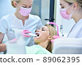 Dentist and assistant scaning patient's teeth with   intraoral 3d scanner. 89062395