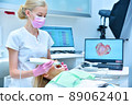 Dentist scaning patient with dental intraoral scanner and controls process on laptop screen. 89062401