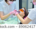 Dentist and assistant applies whitening gel to patient's teeth. 89062417