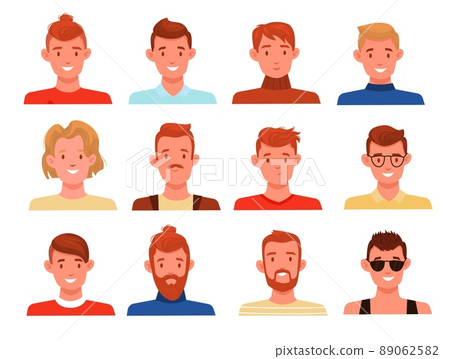 Men hairstyles avatars. Different styles male portraits, blondes, brunettes and brown haired characters, long and short hair, mustache and beard, various haircut vector cartoon flat set Men hairstyles avatars. Different styles male portraits, blondes, brunettes and brown haired characters, long and short hair, mustache and beard, various haircut vector cartoon flat set 89062582