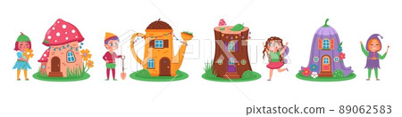 Magic houses fairies. Little pretty homes with fabulous residents, cute fairies and elves, color sorcery town, funny inhabitants, tiny boys and girls near magical builds vector cartoon flat set Magic houses fairies. Little pretty homes with fabulous residents, cute fairies and elves, color sorcery town, funny inhabitants, tiny boys and girls near magical builds vector cartoon flat set 89062583