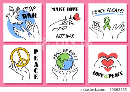 Hands peace cards. Doodle style peaceful posters with human arms and different love, freedom and ecological symbols, stop war square banners. Planet Earth and flying dove, vector set 89062585