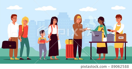 Food queue homeless. Humanitarian assistance to migrants, food distribution point, volunteers help refugees, people help, men and women with children vector cartoon flat charity concept 89062588