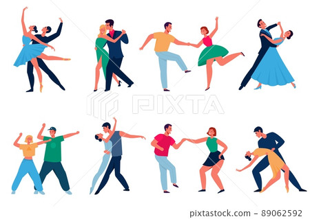 Dancing couples. Cartoon professional dancers characters, men and women in performing outfits. Modern types dance latin and tango, waltz and disco. People in ballroom, music party vector set Dancing couples. Cartoon professional dancers characters, men and women in performing outfits. Modern types dance latin and tango, waltz and disco. People in ballroom, music party vector set 89062592