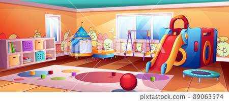 Cartoon kids playroom interior with slide, swing and trampoline Cartoon kids playroom interior with slide, swing and trampoline 89063574