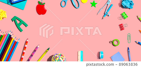 Collection of school supplies overhead view 89063836