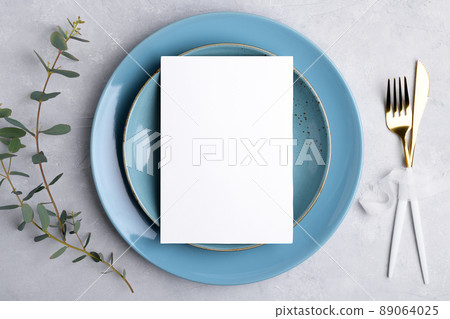 Wedding stationery invitation card mockup 5x7 on grey background with eucalyptus, Menu card mockup with table setting 89064025