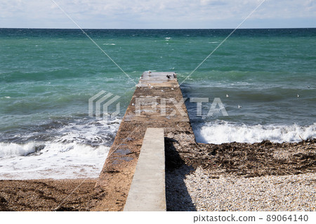 Seagulls and cormorants are on an old breakwater, summer landscape Seagulls and cormorants are on an old breakwater, summer landscape 89064140
