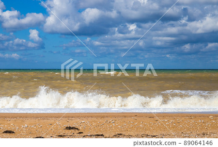 Empty beach view with shore water, summer landscape photo Empty beach view with shore water, summer landscape photo 89064146