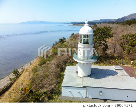 Aerial view of Cape Kattoshi Lighthouse in Hokuto City, Hokkaido in spring 89064171