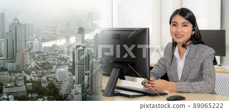 Business people wearing headset working in office broaden view 89065222