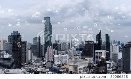 Business data analytic interface fly over smart city showing alteration future Business data analytic interface fly over smart city showing alteration future 89066228