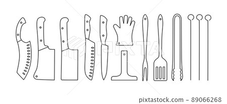 Barbecue, grill tools outline set. Editable stroke. Vector stock illustration isolated on white background for design packaging, logo, menu in restaurant. EPS10 89066268