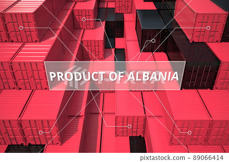 Shipping containers with goods from Albania. Production related 3D rendering Shipping containers with goods from Albania. Production related 3D rendering 89066414