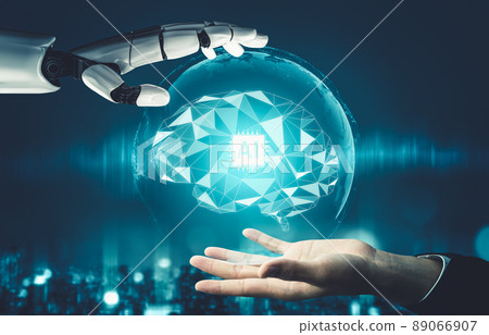 Futuristic AI thinking of droid robot artificial intelligence concept Futuristic AI thinking of droid robot artificial intelligence concept 89066907