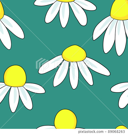 Seamless floral pattern based on traditional folk art ornaments. Colorful chamomile, daisy flowers on color background. Scandinavian style. Vector illustration. Simple minimalistic pattern 89068263