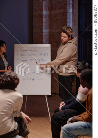 Vertical shot of young man standing with psychologist in front of group speaking about planning benefits of going through and overcoming depression Vertical shot of young man standing with psychologist in front of group speaking about planning benefits of going through and overcoming depression 89068877
