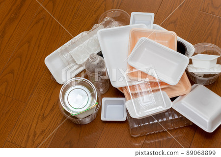 Plastic trash collected on the floor Plastic trash collected on the floor 89068899