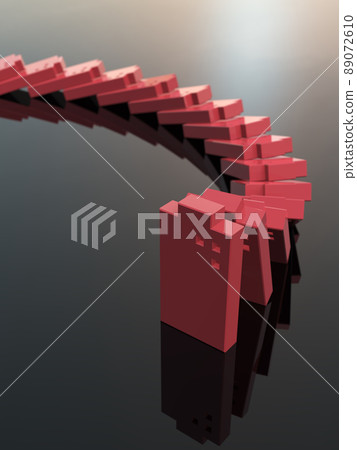 多米諾骨牌擊敗紅色建築 3D 插圖垂直 89072610