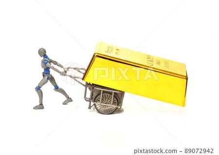 Dummy pulling a cart with a gold bar 89072942