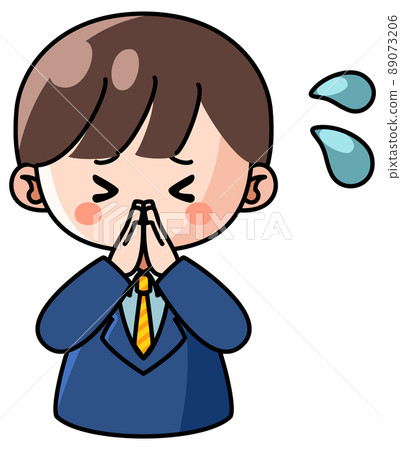 Illustration of a man in a suit desperately apologizing 89073206