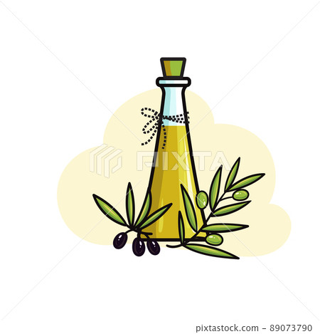 glass bottle of olive oil and olives with leaves - Stock Illustration ...