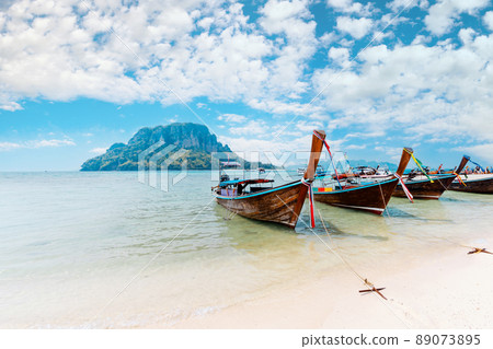 View of the long-tail boat and the beach on the island,tropical sea 89073895