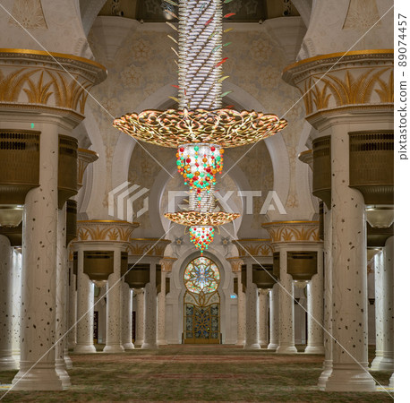 Abu Dhabi, United Arab Emirates - February 2022: Golden Chandelier inside Sheikh Zayed Grand Mosque. Grand Mosque of Abu Dhabi. 89074457