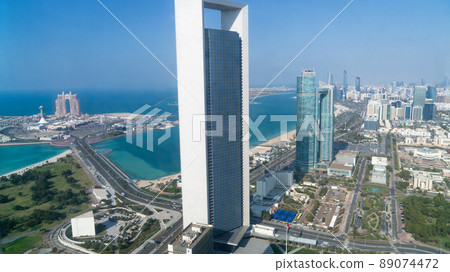 Abu Dhabi, UAE - February 2022: Panoramic Abu Dhabi city skyline in United Arab Emirates. Abu Dhabi attracts 10 million people annually. 89074472