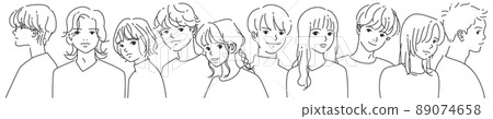 10 men and women in line drawing line up side by side | Monochrome 89074658