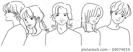 Five men and women in line drawing line up side by side 1 ｜ Monochrome 89074659