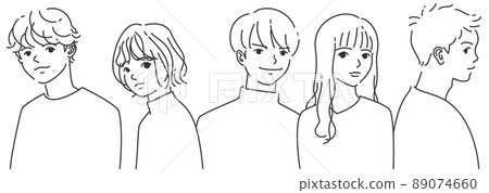 Five men and women in line drawing line up side by side 1 ｜ Monochrome 89074660