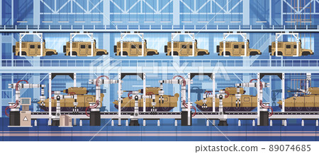 armoured personnel carrier APC and tanks on assembly conveyor line with robot arms special battle transport military equipment production armoured personnel carrier APC and tanks on assembly conveyor line with robot arms special battle transport military equipment production 89074685