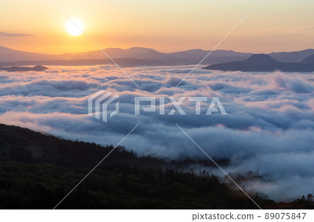 The dawn of Lake Kussharo and the sun illuminate the sea of clouds as seen from Bihoro Pass 89075847