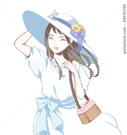 A cute anime grandma with a straw hat and blue/white cloth clothes