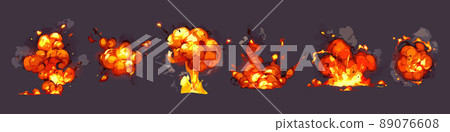Cartoon dynamite or bomb explosion, fire boom set 89076608
