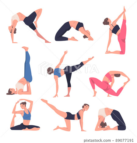 Young Woman Practicing Yoga Asanas Stretching Body Standing in Different Pose Vector Set Young Woman Practicing Yoga Asanas Stretching Body Standing in Different Pose Vector Set 89077191