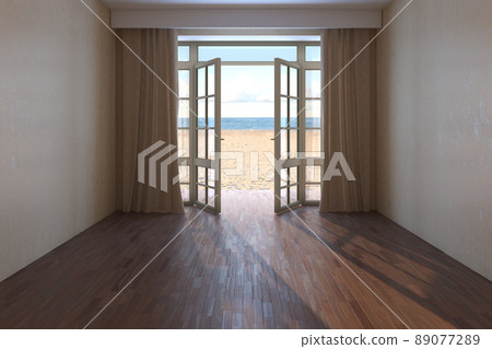 Empty Hotel Room with Sea View. Interior with Beige Curtains, Open Door Overlooking the Beach, Yellow Sand and Clouds. Dark Parquet Floor and Beige Plaster Walls. 3d rendering, 8K Ultra HD, 7680x5121 Empty Hotel Room with Sea View. Interior with Beige Curtains, Open Door Overlooking the Beach, Yellow Sand and Clouds. Dark Parquet Floor and Beige Plaster Walls. 3d rendering, 8K Ultra HD, 7680x5121 89077289