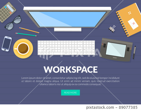 Workspace Banner with Objects Rested on Desk Top View of Table Vector Template Workspace Banner with Objects Rested on Desk Top View of Table Vector Template 89077385