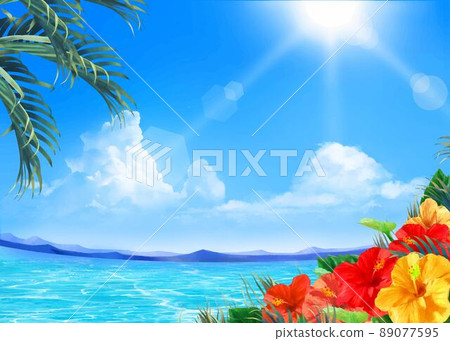 Summer fashionable frame background material with palm leaves and hibiscus blooming along the beautiful sea under the blue sky where the sun shines 89077595