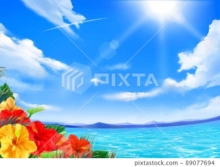 Under the blue sky where the sun shines, a fashionable summer frame background material with airplanes and hibiscus blooming along the beautiful sea Under the blue sky where the sun shines, a fashionable summer frame background material with airplanes and hibiscus blooming along the beautiful sea 89077694