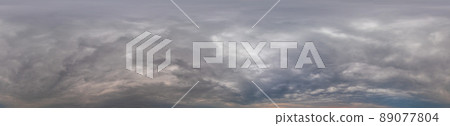 Sky panorama on overcast rainy day with Nimbostratus clouds in seamless spherical equirectangular format. Full zenith for use in 3D graphics and sky replacement in aerial drone 360 degree panoramas Sky panorama on overcast rainy day with Nimbostratus clouds in seamless spherical equirectangular format. Full zenith for use in 3D graphics and sky replacement in aerial drone 360 degree panoramas 89077804