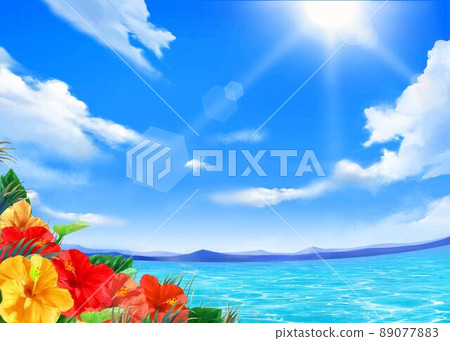 Summer fashionable frame background material with summer leaves and hibiscus blooming along the beautiful sea under the blue sky where the sun shines Summer fashionable frame background material with summer leaves and hibiscus blooming along the beautiful sea under the blue sky where the sun shines 89077883