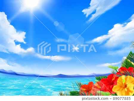 Summer fashionable frame background material with summer leaves and hibiscus blooming along the beautiful sea under the blue sky where the sun shines Summer fashionable frame background material with summer leaves and hibiscus blooming along the beautiful sea under the blue sky where the sun shines 89077885