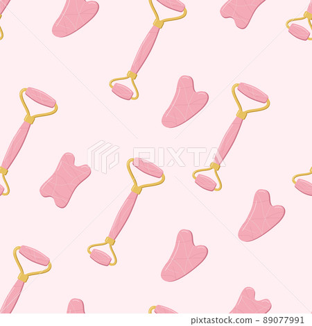 Seamless pattern of trendy gua sha scrapers made of natural stone and cosmetic oil, roller massager for facial care. Vector illustration skin care concept 89077991
