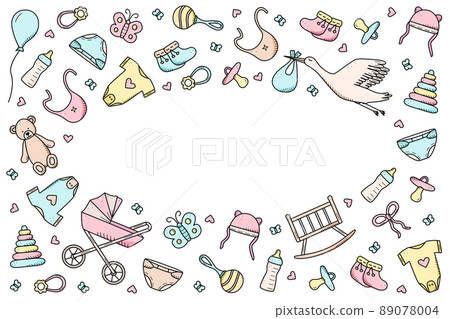 Newborn icons set. Vector illustration of elements for a little baby. baby stroller, baby work, rattles and teddy bear and much more 89078004