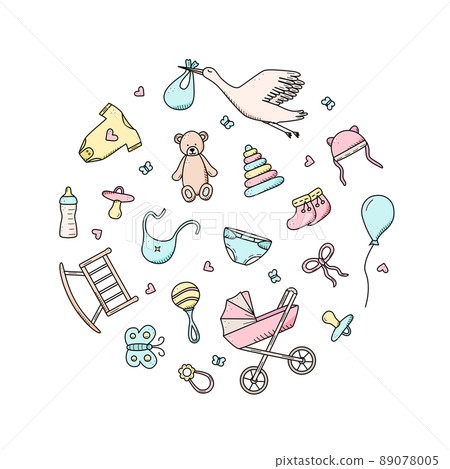 Newborn icons set. Vector illustration of elements for a little baby. baby stroller, baby work, rattles and teddy bear and much more 89078005